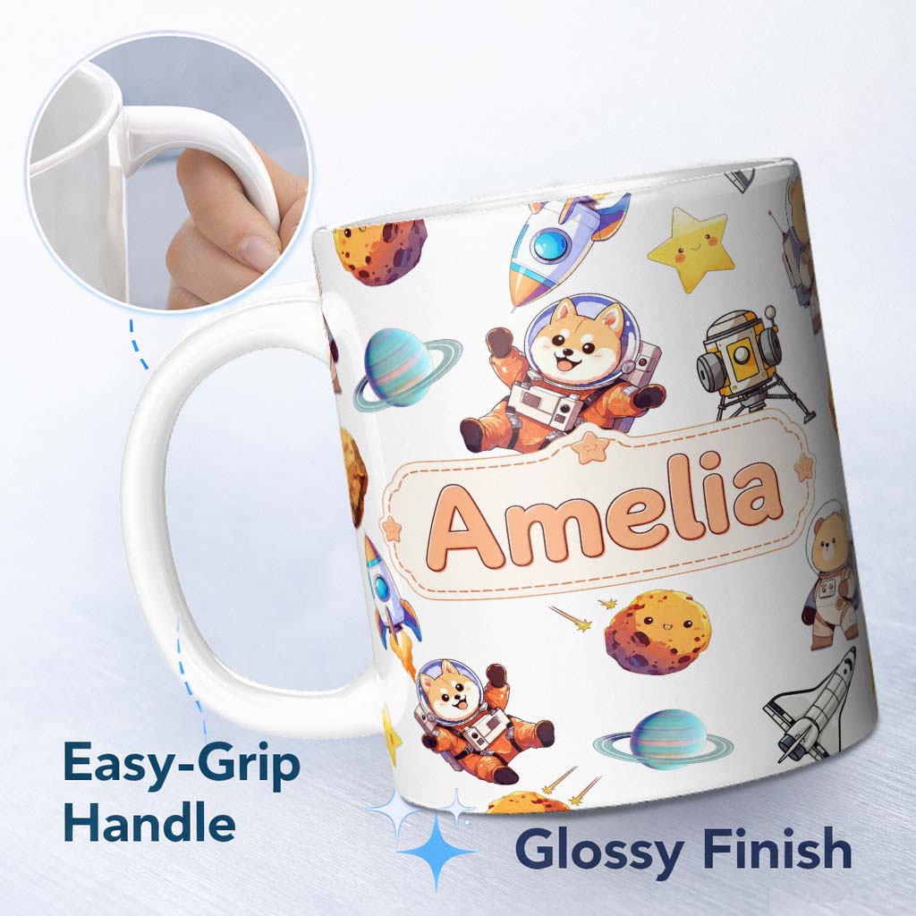 Personalized Custom Name Space Dog Bear Astronaut Rockets Planets Seamless Light Grey 11oz Ceramic Coffee Tea Mug White Large Handle