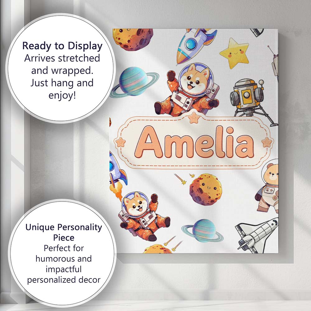 Personalised Name Space Dog Bear Astronaut Custom Unique Gift Idea Elegant Feature Canvas Wall Art Print Decor Picture Ready to Hang