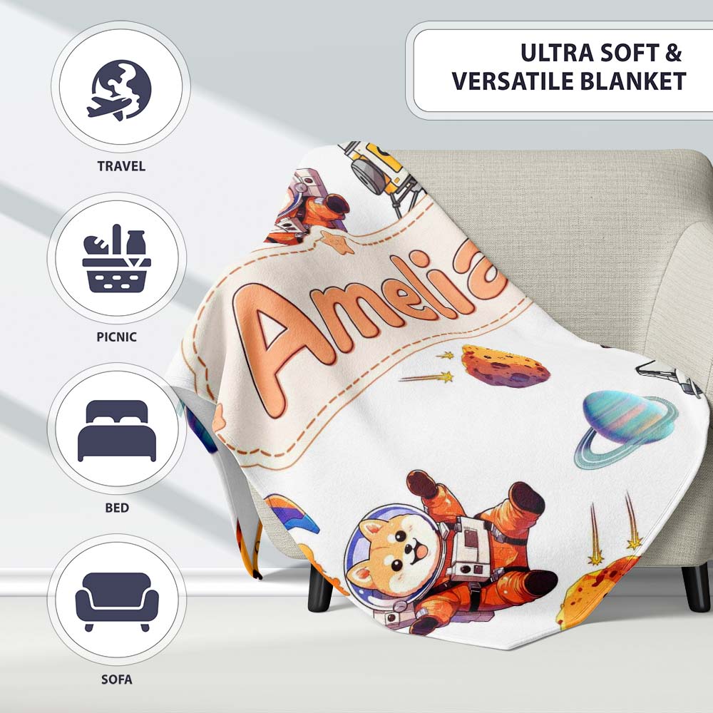 Space Dog Bear Astronaut Rockets Planets Seamless Light Grey Personalised Custom Name Super Soft Fleece Blanket Bed Sofa Throw
