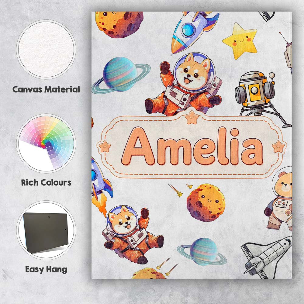 Personalised Name Space Dog Bear Astronaut Custom Unique Gift Idea Elegant Feature Canvas Wall Art Print Decor Picture Ready to Hang