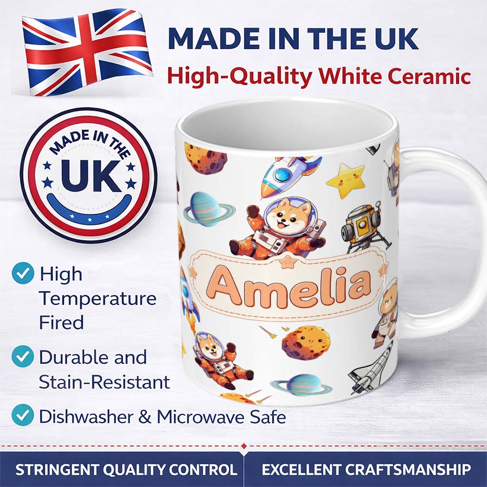 Personalized Custom Name Space Dog Bear Astronaut Rockets Planets Seamless Light Grey 11oz Ceramic Coffee Tea Mug White Large Handle