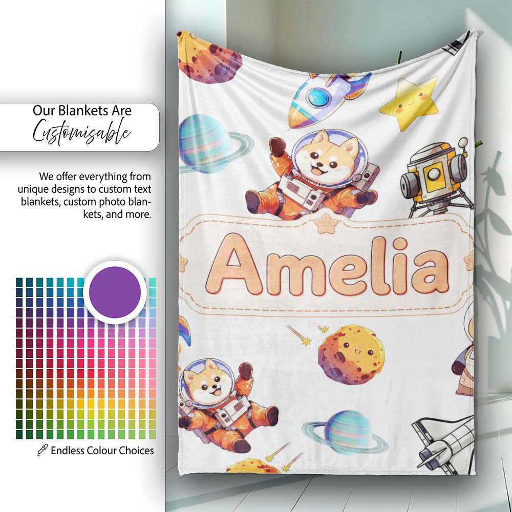 Space Dog Bear Astronaut Rockets Planets Seamless Light Grey Personalised Custom Name Super Soft Fleece Blanket Bed Sofa Throw