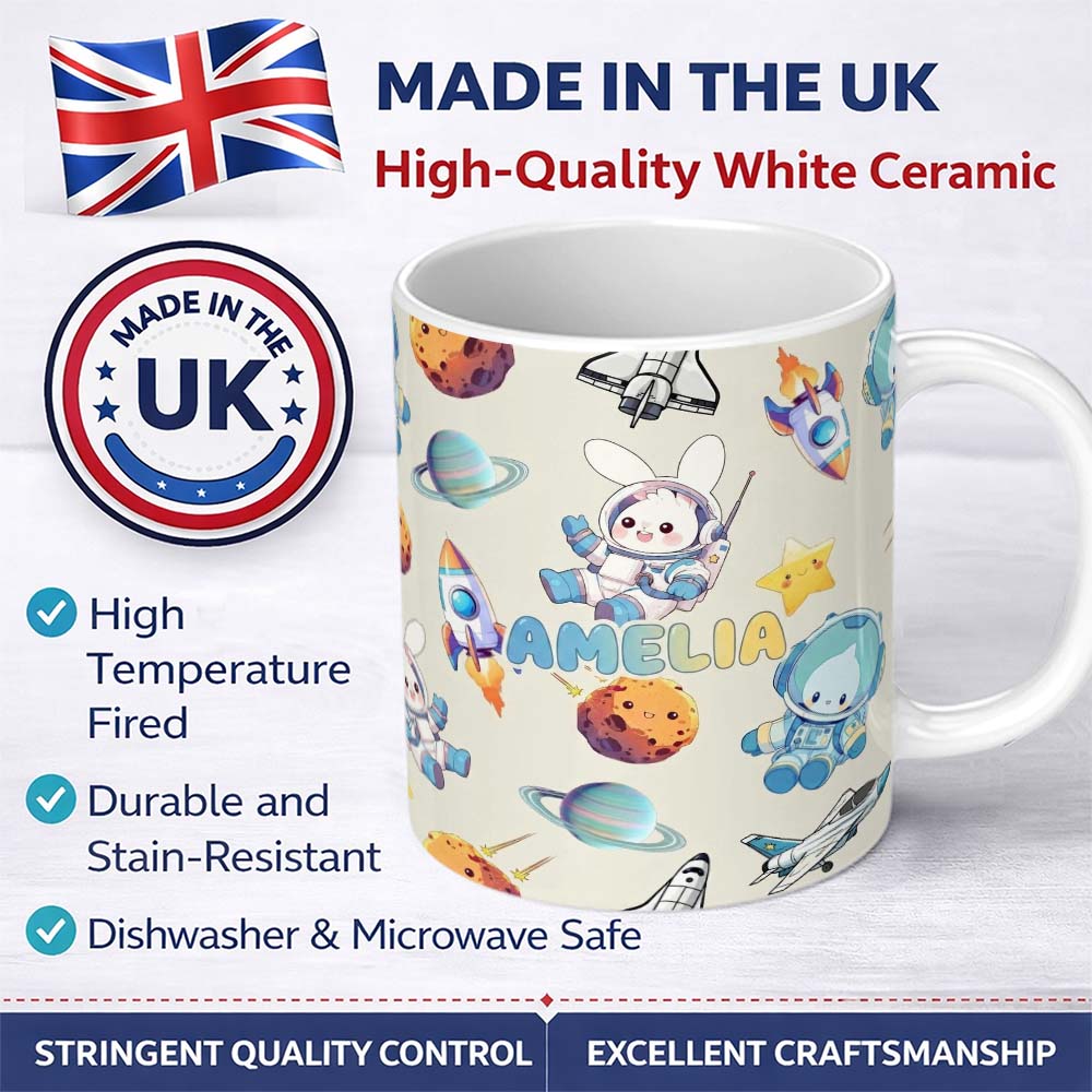 Personalized Custom Name Space Bunny Cat Astronaut Rockets Planets Seamless Beige Background 11oz Ceramic Coffee Tea Mug White Large Handle