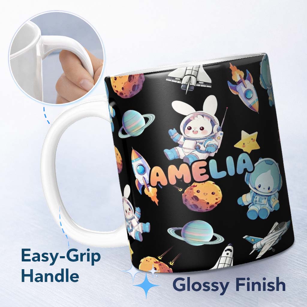 Personalized Custom Name Space Bunny Cat Astronaut Rockets Planets Seamless Black Background 11oz Ceramic Coffee Tea Mug White Large Handle