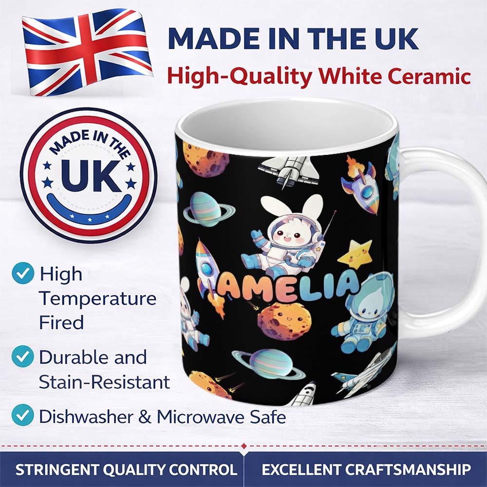 Personalized Custom Name Space Bunny Cat Astronaut Rockets Planets Seamless Black Background 11oz Ceramic Coffee Tea Mug White Large Handle