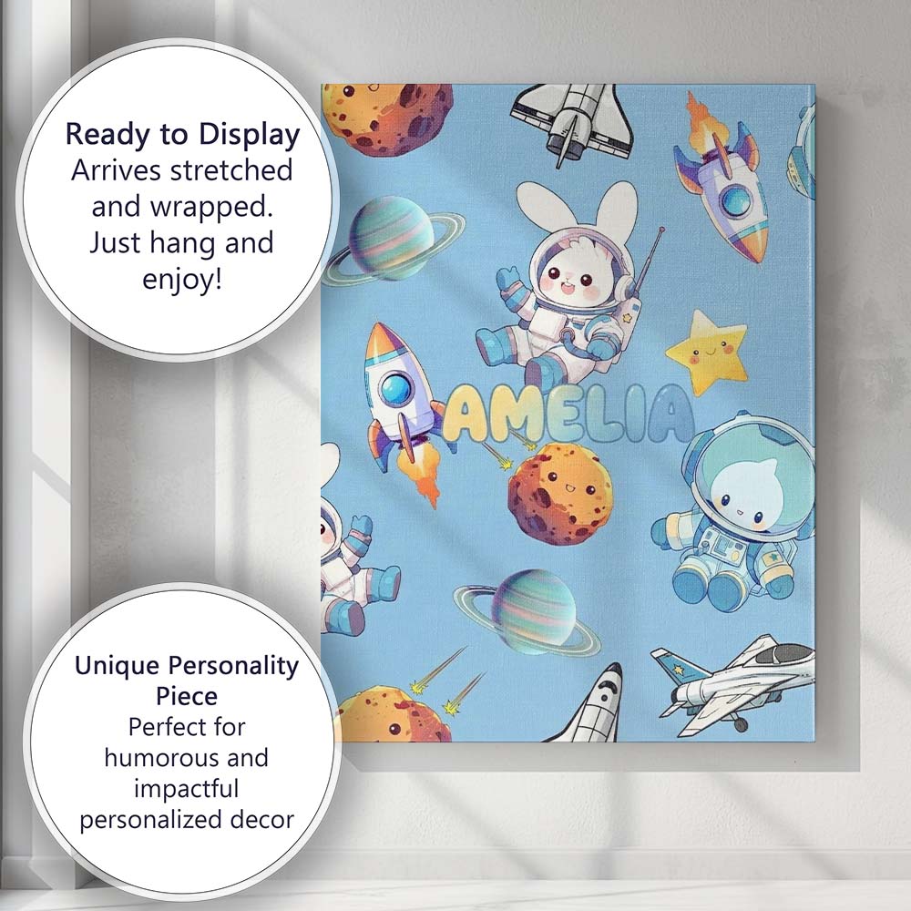 Personalised Name Space Bunny Cat Astronaut Custom Bespoke Interior Contemporary Canvas Wall Art Print Decor Picture Ready to Hang