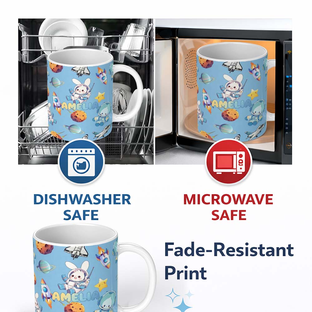 Personalized Custom Name Space Bunny Cat Astronaut Rockets Planets Seamless Blue Background 11oz Ceramic Coffee Tea Mug White Large Handle