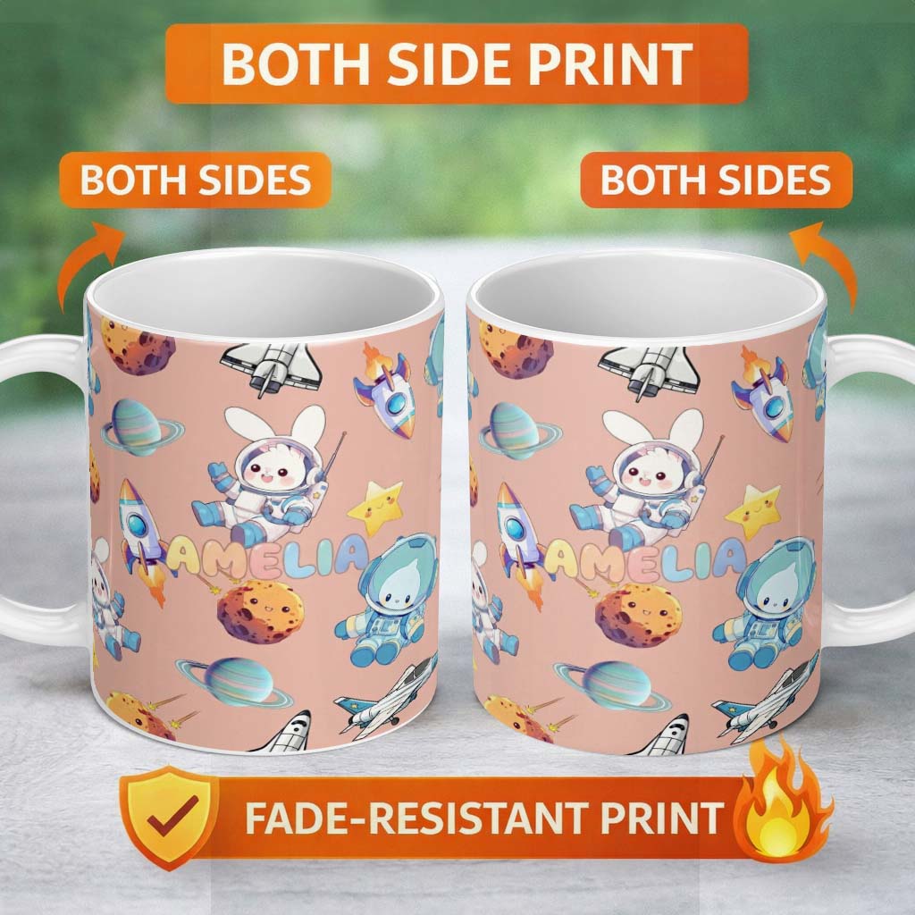 Personalized Custom Name Space Bunny Cat Astronaut Rockets Planets Seamless Peach Background 11oz Ceramic Coffee Tea Mug White Large Handle