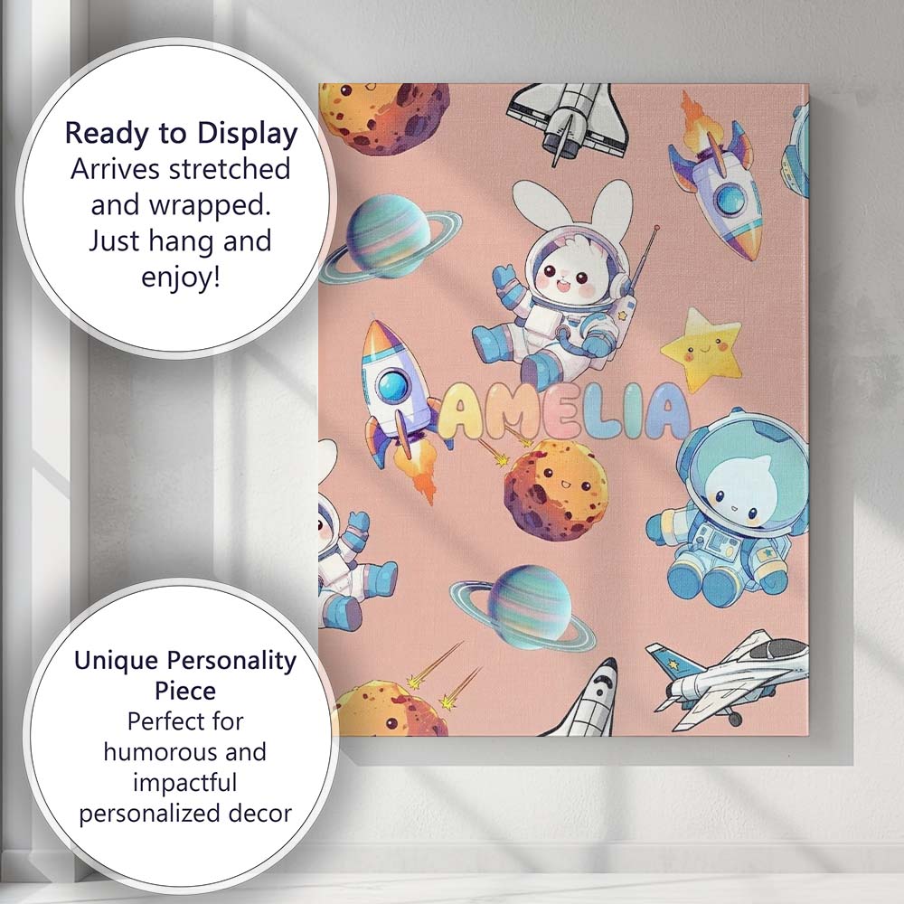 Personalised Name Space Bunny Cat Astronaut Custom Bespoke Interior Contemporary Canvas Wall Art Print Decor Picture Ready to Hang