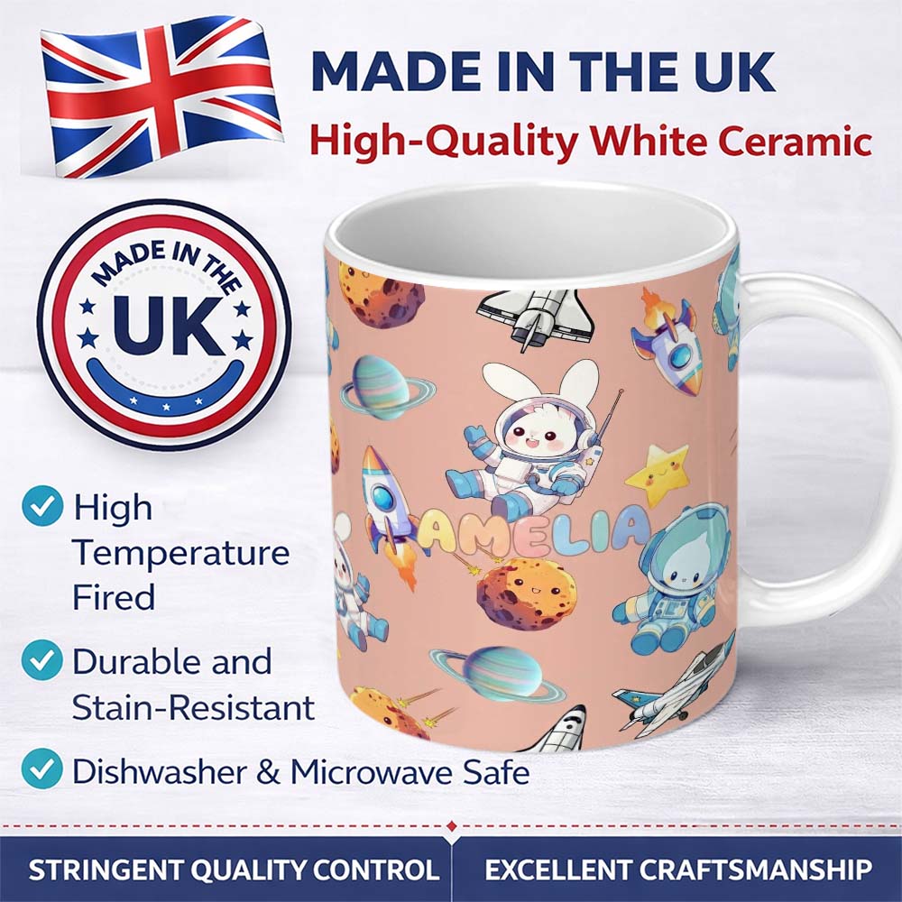Personalized Custom Name Space Bunny Cat Astronaut Rockets Planets Seamless Peach Background 11oz Ceramic Coffee Tea Mug White Large Handle