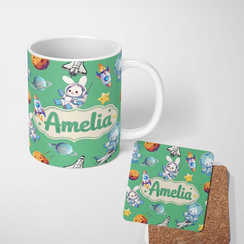 Personalized Custom Name Space Bunny Cat Astronaut Rockets Planets Seamless Green Background 11oz Ceramic Coffee Tea Mug White Large Handle