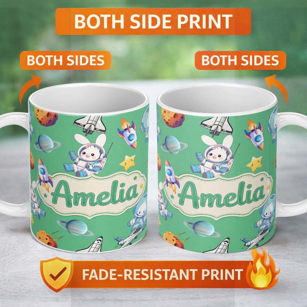 Personalized Custom Name Space Bunny Cat Astronaut Rockets Planets Seamless Green Background 11oz Ceramic Coffee Tea Mug White Large Handle