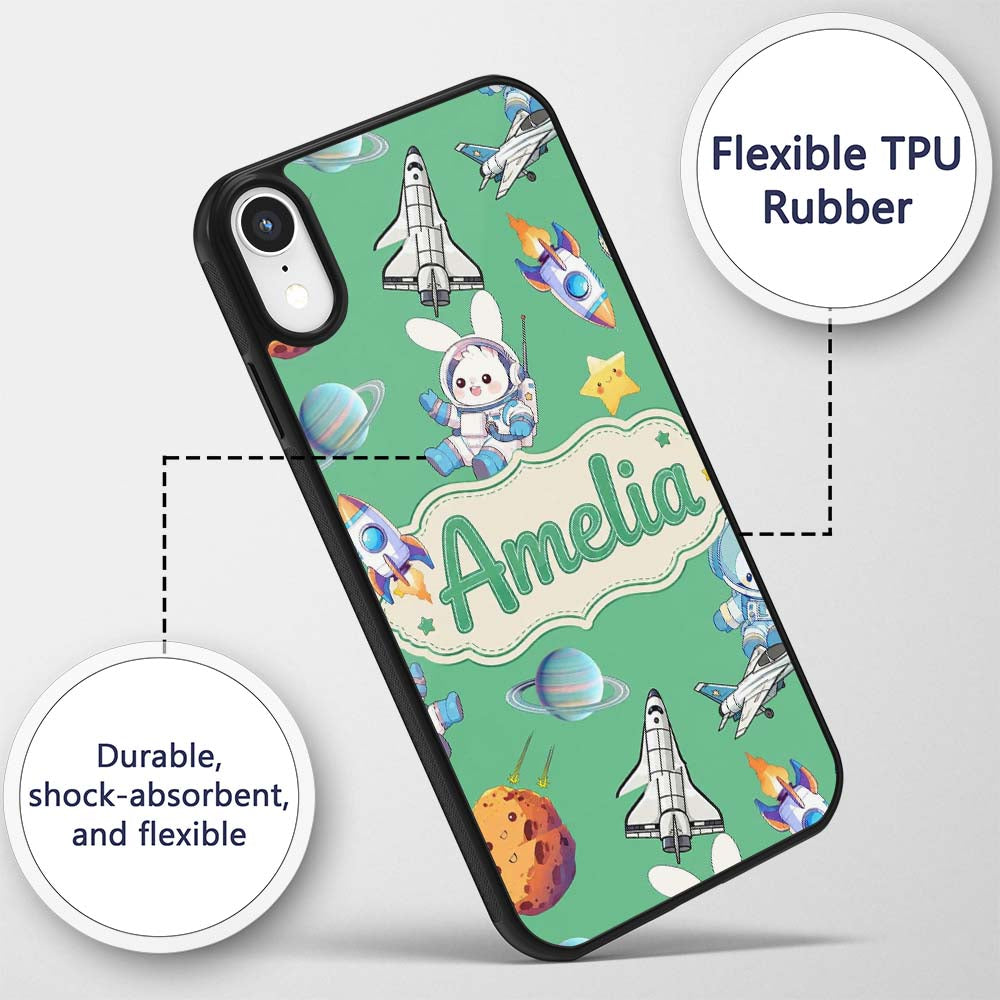 Space Bunny Cat Astronaut Rockets Printed Design Custom Name Protective Phone Case Mobile Cover Durable Everyday Smartphone Shock Resistant