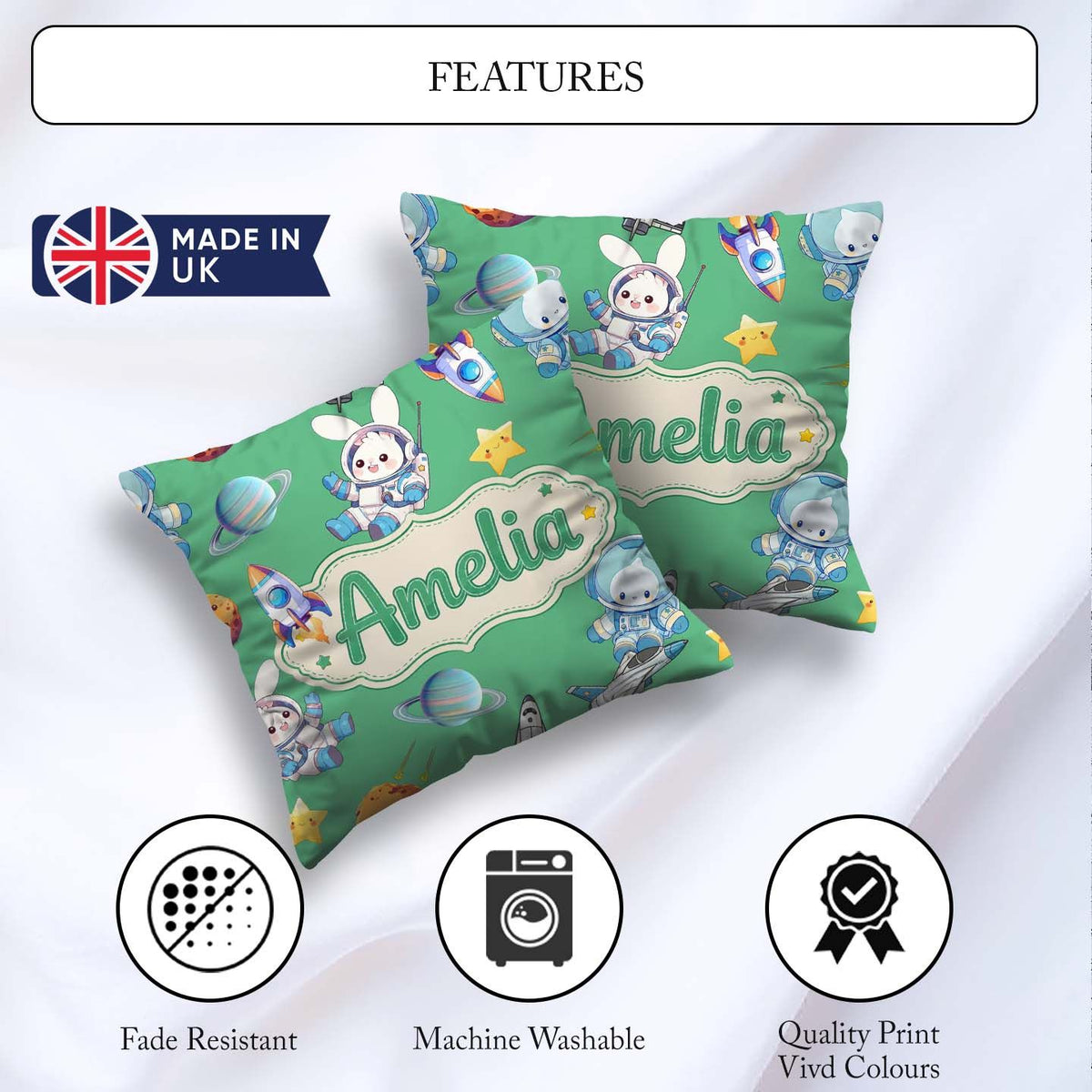 Custom Name Space Bunny Astronaut Rockets Planets Seamless Green Square Filled Cushion Throw Pillow Sofa Bed Home Decor Zip Washable UK Made