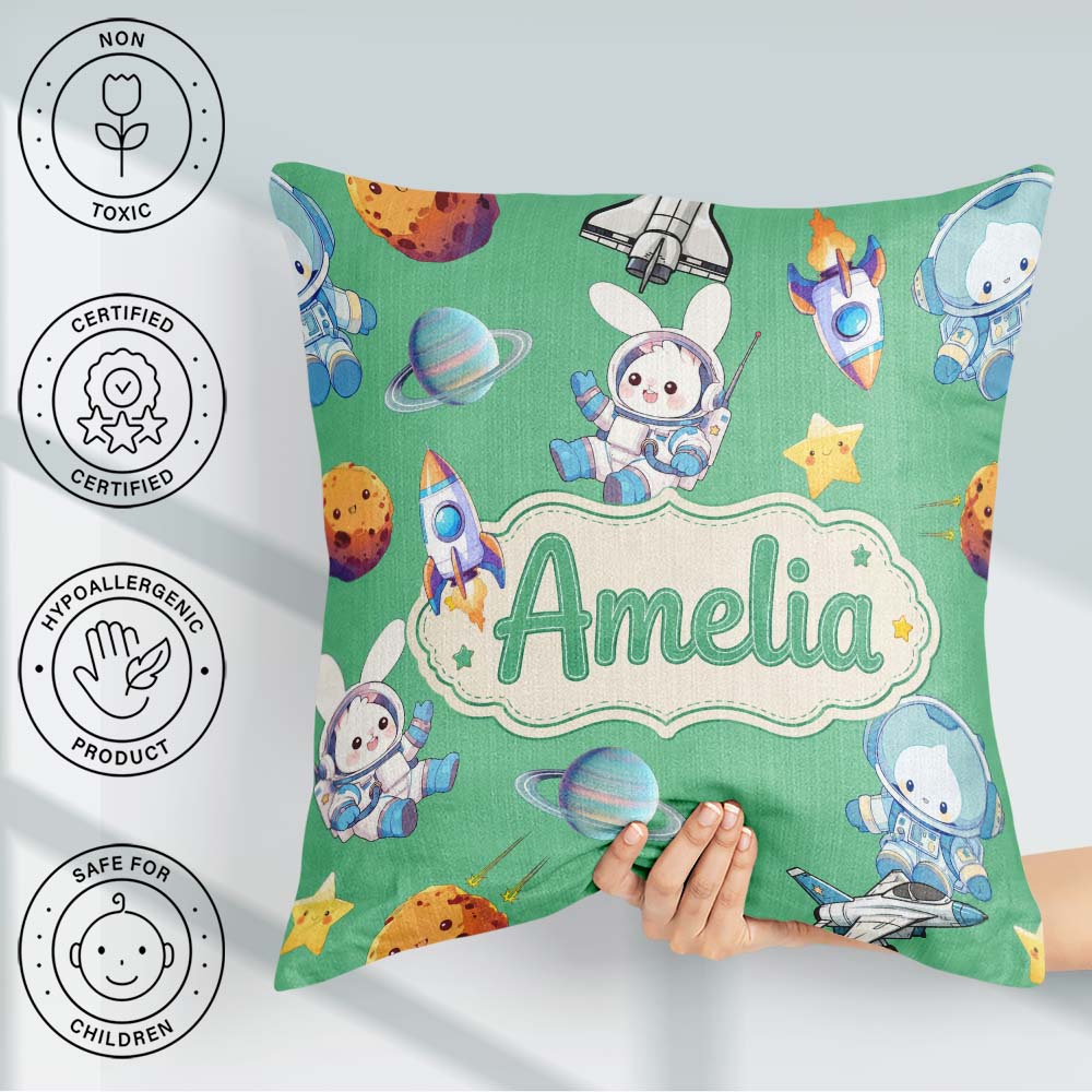 Custom Name Space Bunny Astronaut Rockets Planets Seamless Green Square Filled Cushion Throw Pillow Sofa Bed Home Decor Zip Washable UK Made