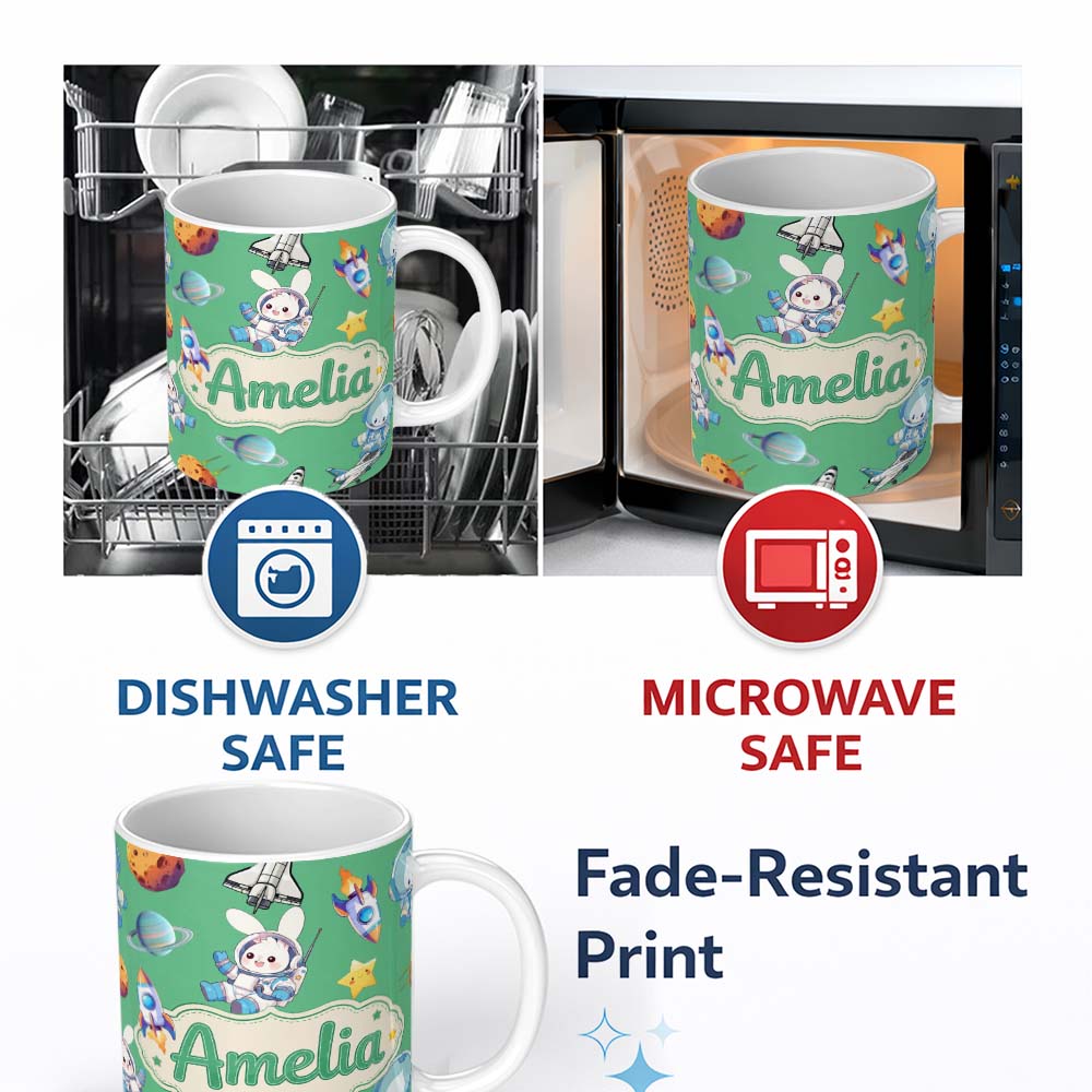 Personalized Custom Name Space Bunny Cat Astronaut Rockets Planets Seamless Green Background 11oz Ceramic Coffee Tea Mug White Large Handle