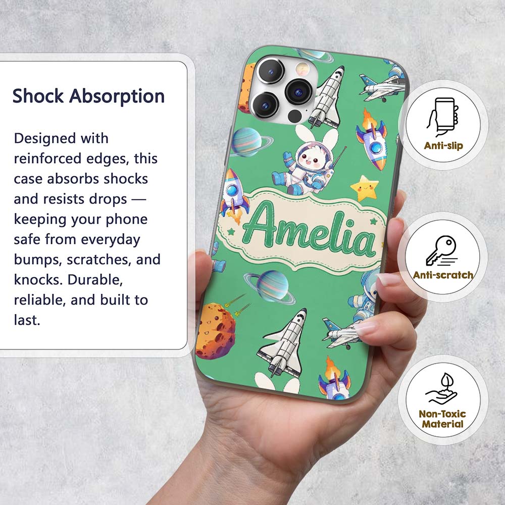 Space Bunny Cat Astronaut Rockets Printed Design Custom Name Protective Phone Case Mobile Cover Durable Everyday Smartphone Shock Resistant