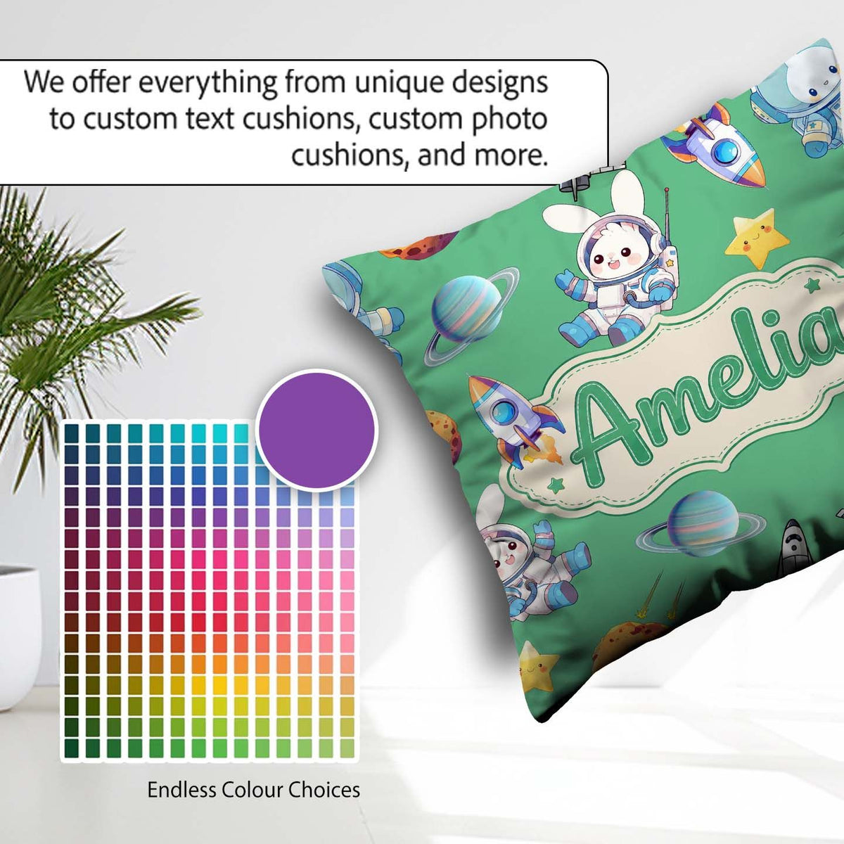 Custom Name Space Bunny Astronaut Rockets Planets Seamless Green Square Filled Cushion Throw Pillow Sofa Bed Home Decor Zip Washable UK Made