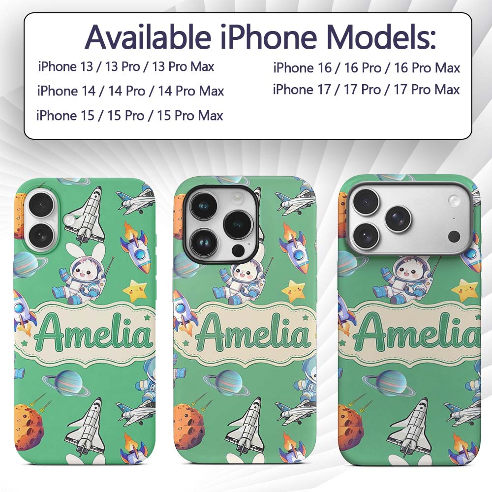 Space Bunny Cat Astronaut Rockets Printed Design Custom Name Protective Phone Case Mobile Cover Durable Everyday Smartphone Shock Resistant