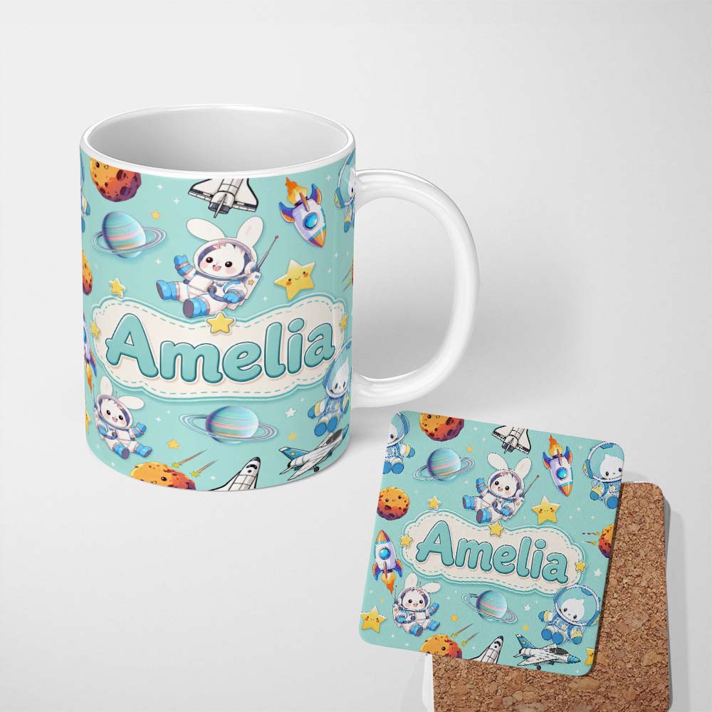 Personalized Custom Name Space Bunny Cat Astronaut Rockets Planets Seamless Teal Background 11oz Ceramic Coffee Tea Mug White Large Handle