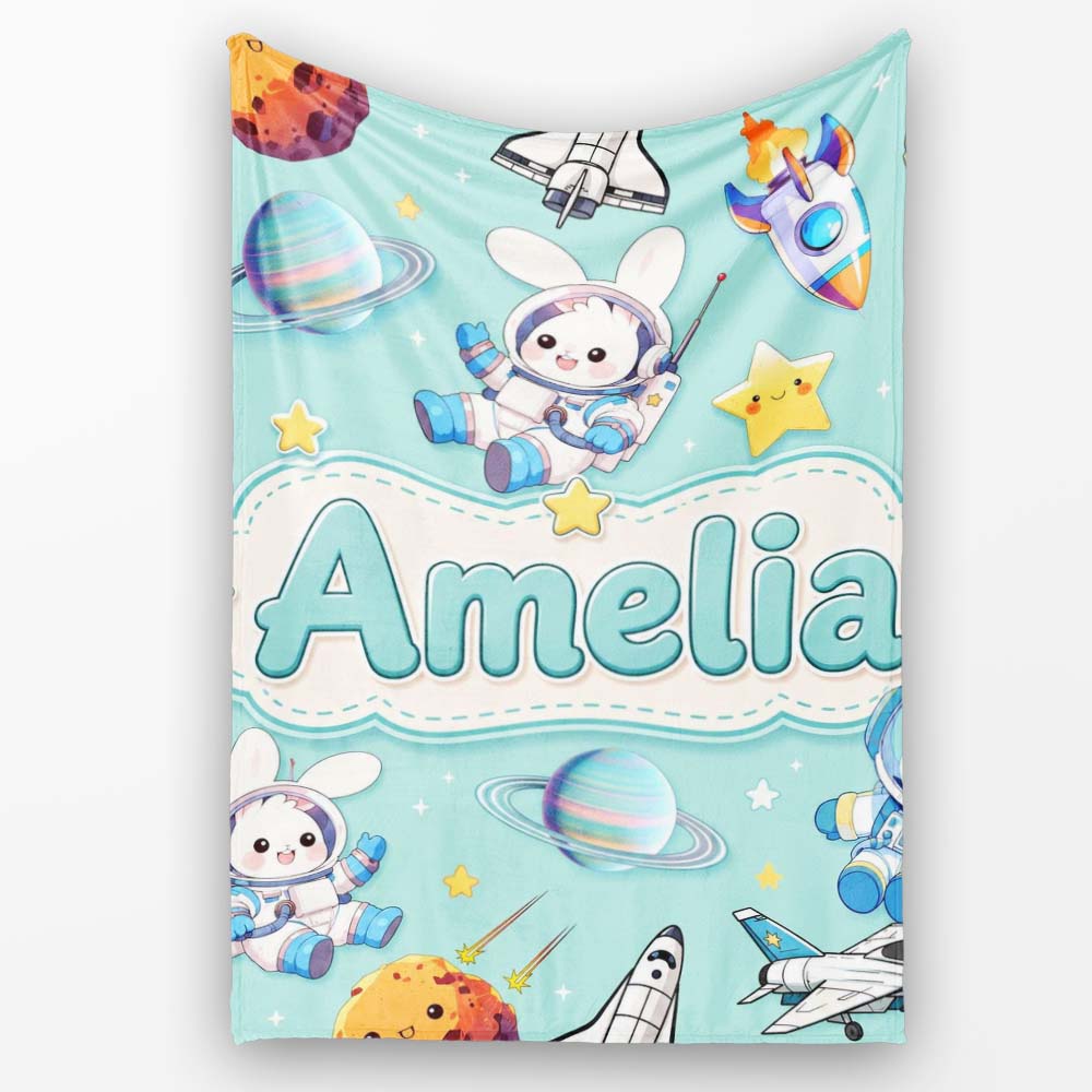 Space Bunny Cat Astronaut Rockets Planets Seamless Teal Background Personalised Custom Name Super Soft Fleece Blanket Bed Sofa Throw