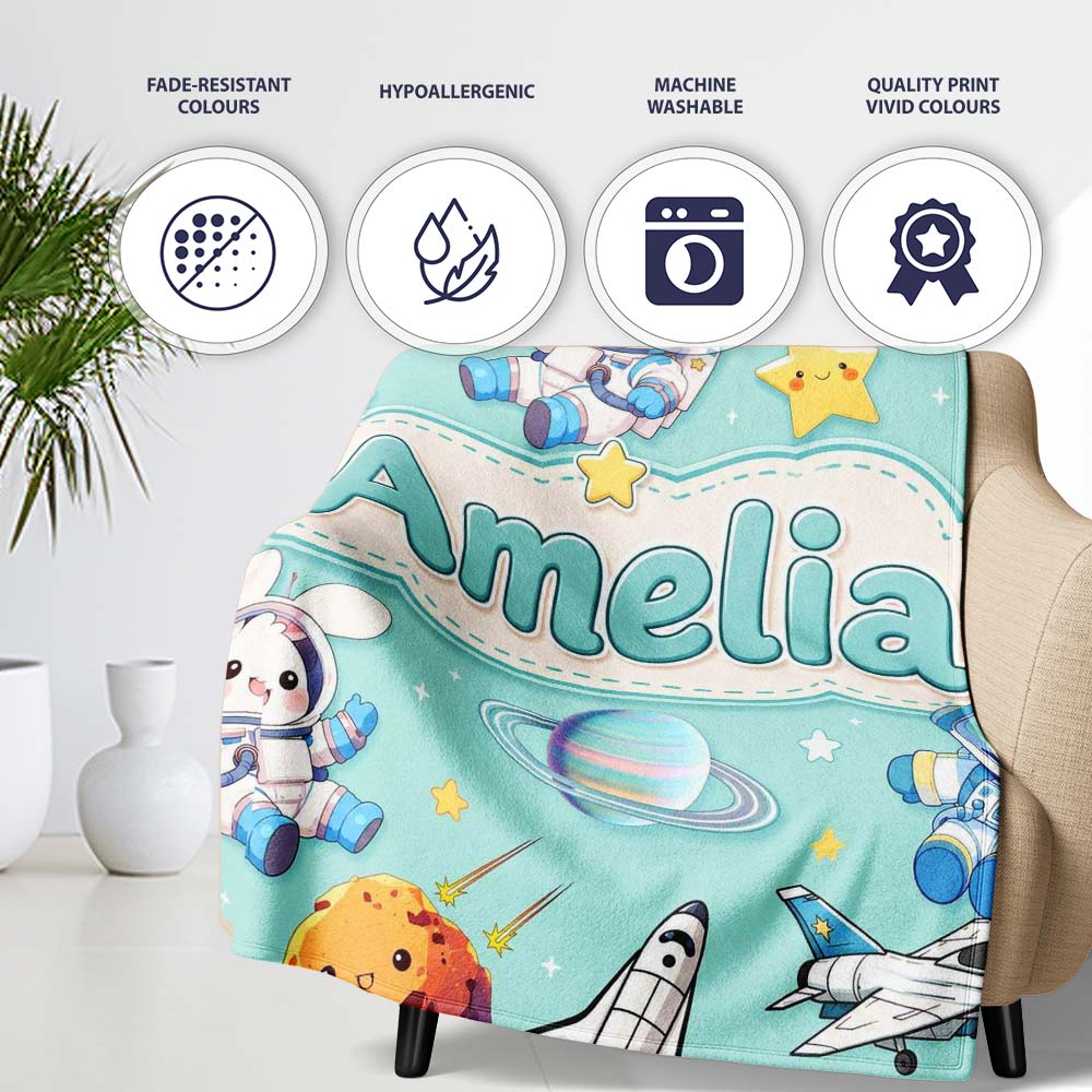 Space Bunny Cat Astronaut Rockets Planets Seamless Teal Background Personalised Custom Name Super Soft Fleece Blanket Bed Sofa Throw