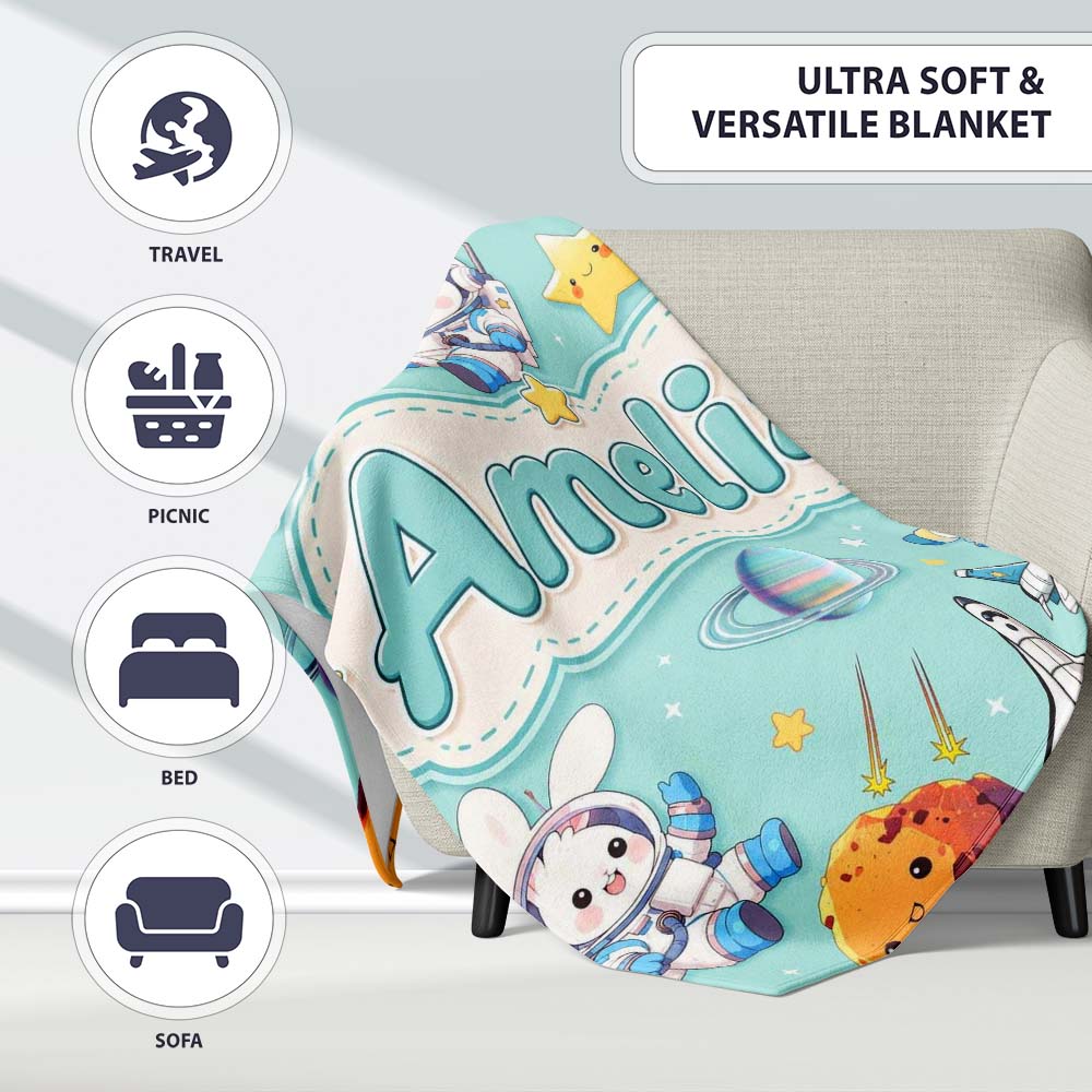 Space Bunny Cat Astronaut Rockets Planets Seamless Teal Background Personalised Custom Name Super Soft Fleece Blanket Bed Sofa Throw
