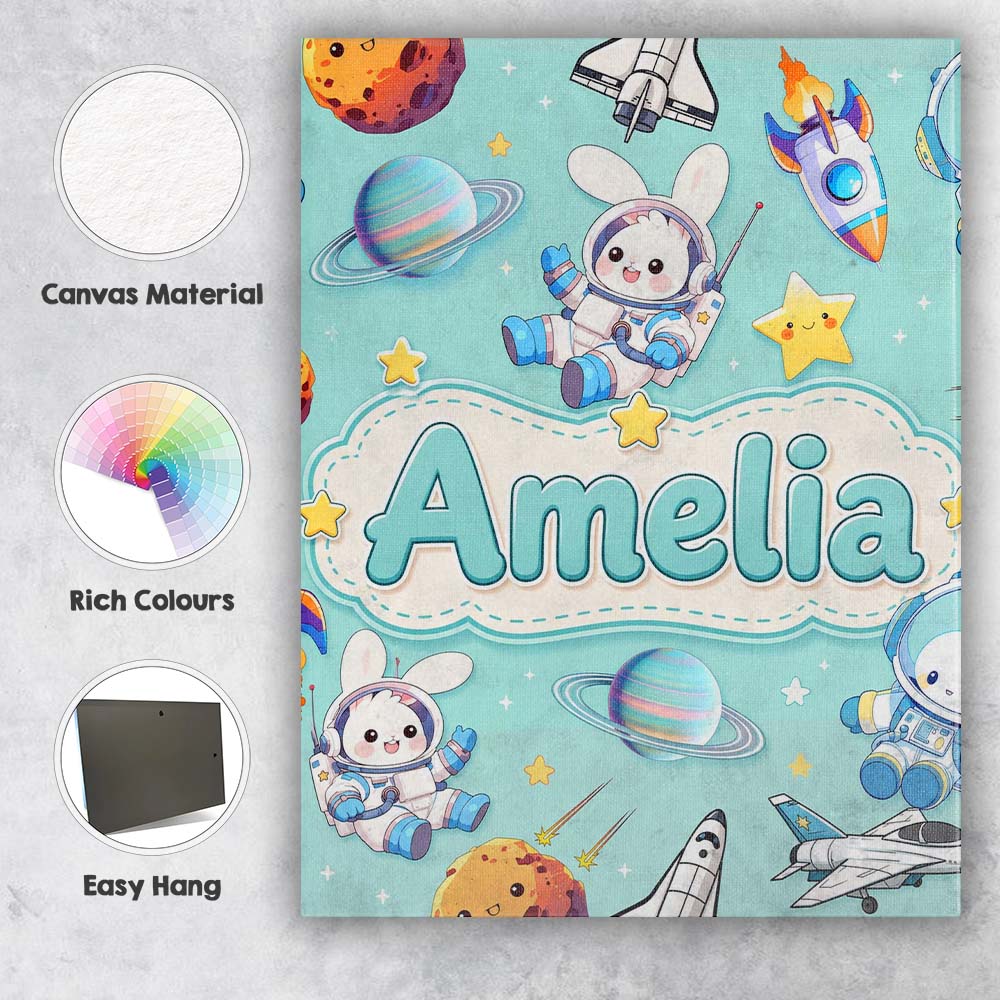 Personalised Name Space Bunny Cat Astronaut Custom Bespoke Interior Contemporary Canvas Wall Art Print Decor Picture Ready to Hang