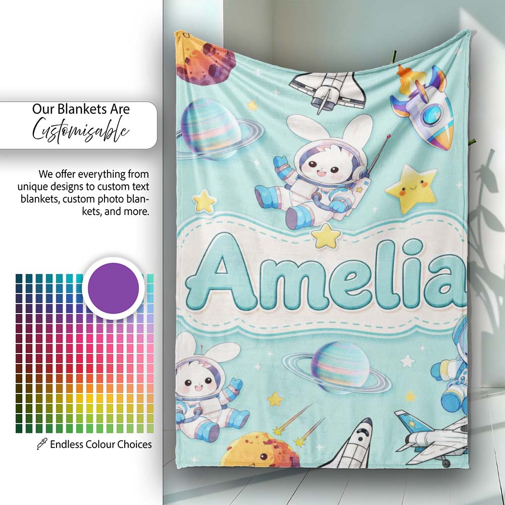 Space Bunny Cat Astronaut Rockets Planets Seamless Teal Background Personalised Custom Name Super Soft Fleece Blanket Bed Sofa Throw