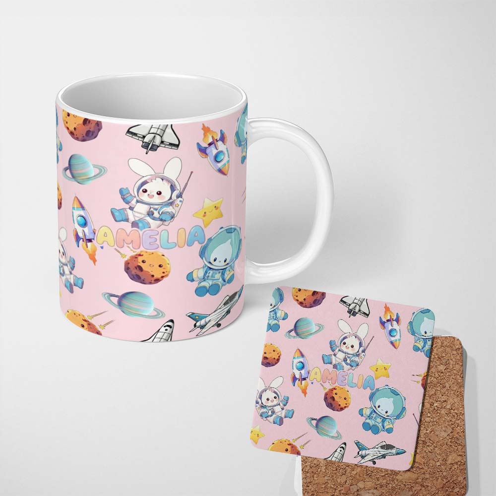 Personalized Custom Name Space Bunny Cat Astronaut Rockets Planets Seamless Pink Background 11oz Ceramic Coffee Tea Mug White Large Handle