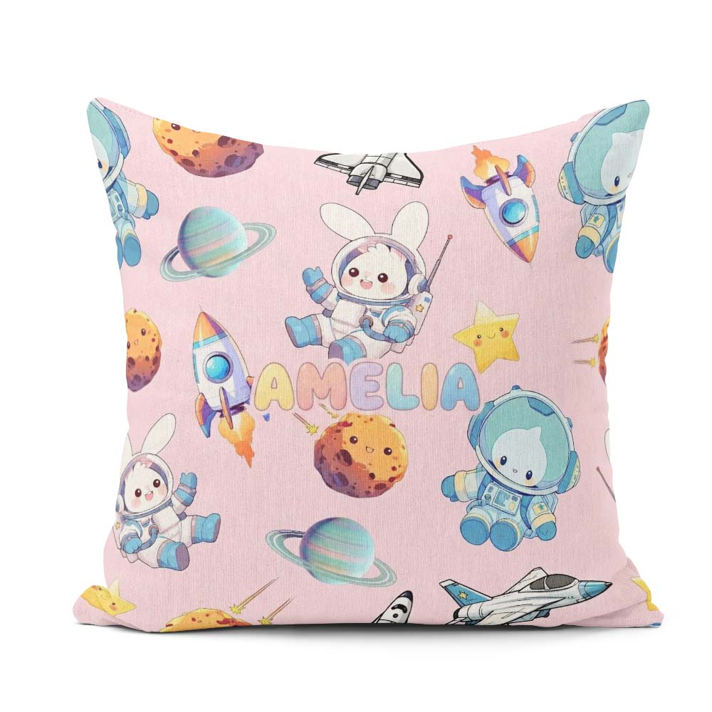 Custom Name Space Bunny Cat Astronaut Rockets Planets Background Square Filled Cushion Throw Pillow Sofa Bed Home Decor Zip Washable UK Made