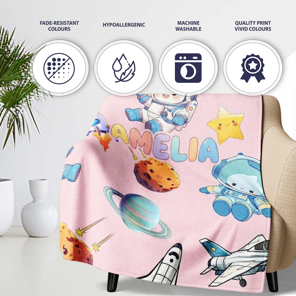Space Bunny Cat Astronaut Rockets Planets Seamless Pink Background Personalised Custom Name Super Soft Fleece Blanket Bed Sofa Throw