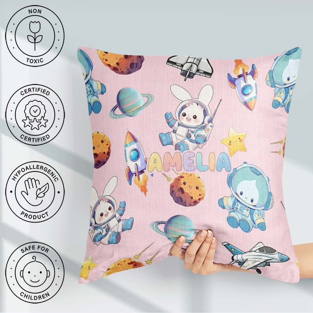 Custom Name Space Bunny Cat Astronaut Rockets Planets Background Square Filled Cushion Throw Pillow Sofa Bed Home Decor Zip Washable UK Made