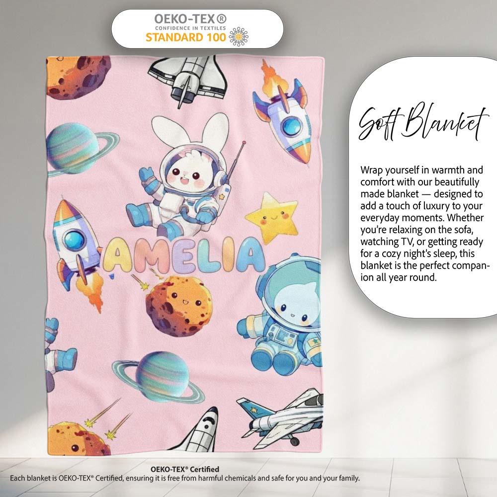 Space Bunny Cat Astronaut Rockets Planets Seamless Pink Background Personalised Custom Name Super Soft Fleece Blanket Bed Sofa Throw