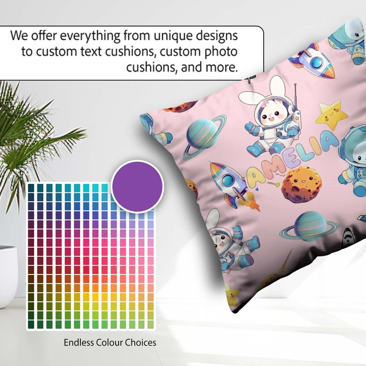 Custom Name Space Bunny Cat Astronaut Rockets Planets Background Square Filled Cushion Throw Pillow Sofa Bed Home Decor Zip Washable UK Made