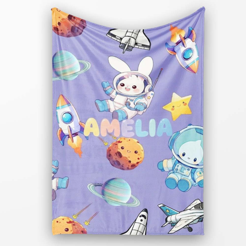 Space Bunny Cat Astronaut Rockets Planets Seamless Purple Personalised Custom Name Super Soft Fleece Blanket Bed Sofa Throw