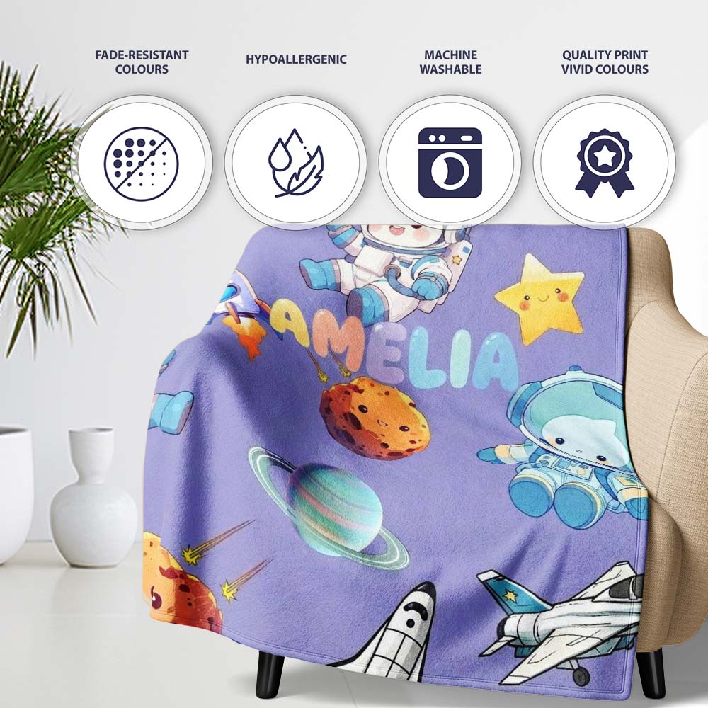 Space Bunny Cat Astronaut Rockets Planets Seamless Purple Personalised Custom Name Super Soft Fleece Blanket Bed Sofa Throw