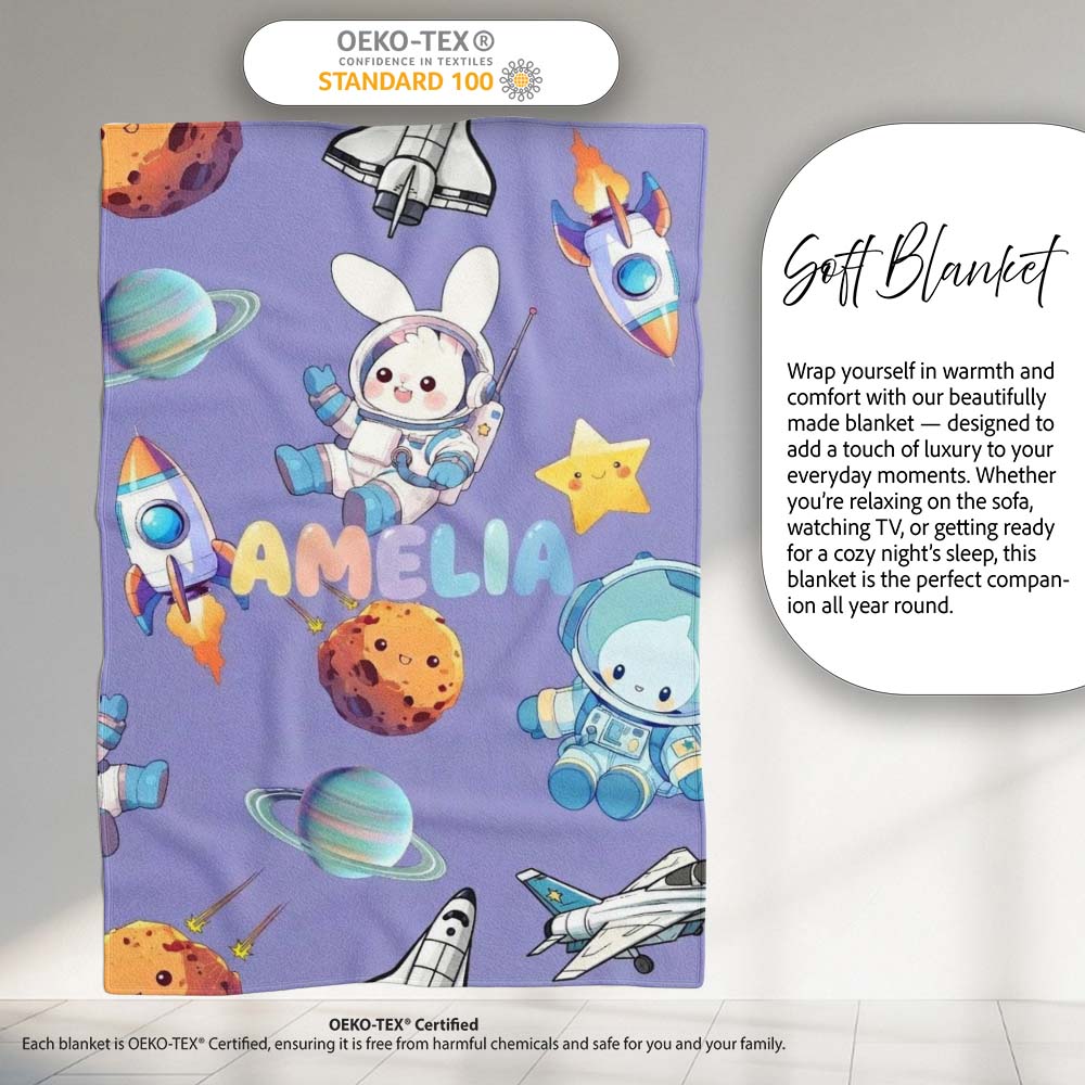 Space Bunny Cat Astronaut Rockets Planets Seamless Purple Personalised Custom Name Super Soft Fleece Blanket Bed Sofa Throw