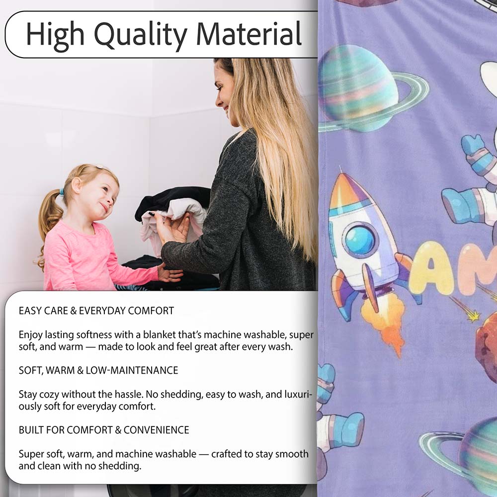Space Bunny Cat Astronaut Rockets Planets Seamless Purple Personalised Custom Name Super Soft Fleece Blanket Bed Sofa Throw