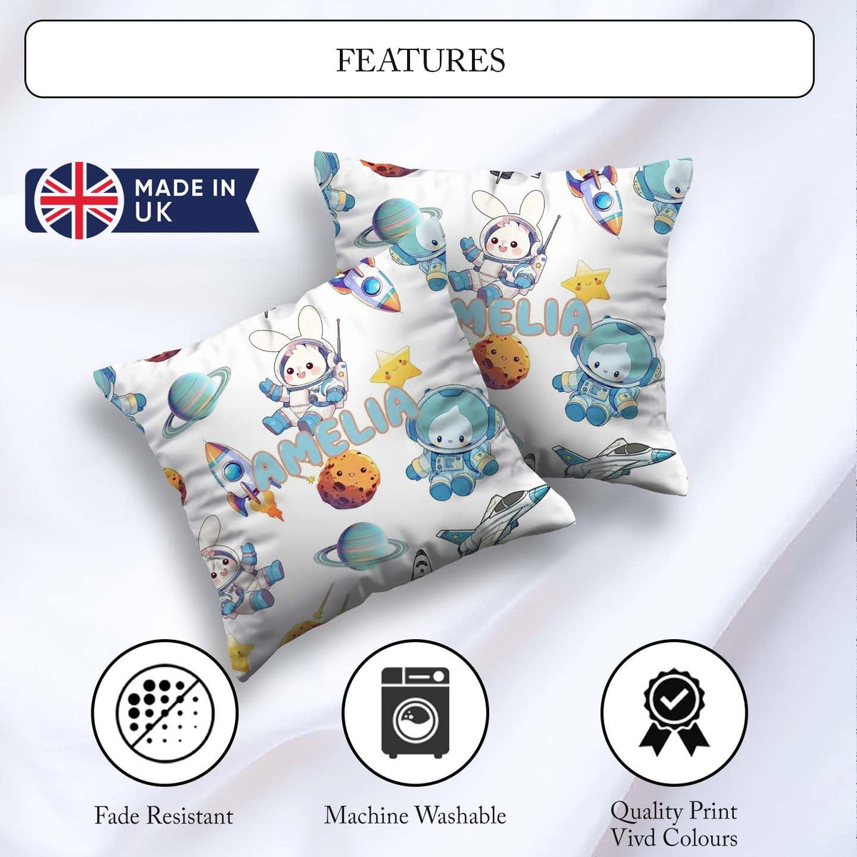 Custom Name Space Bunny Rockets Planets Seamless Grey Background Square Filled Cushion Throw Pillow Sofa Bed Home Decor Zip Washable UK Made