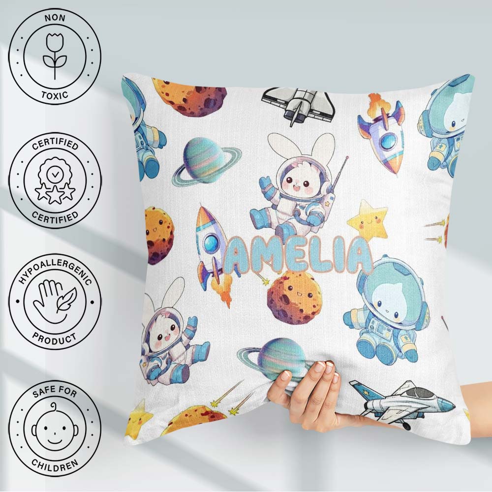 Custom Name Space Bunny Rockets Planets Seamless Grey Background Square Filled Cushion Throw Pillow Sofa Bed Home Decor Zip Washable UK Made