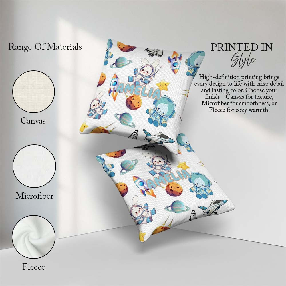 Custom Name Space Bunny Rockets Planets Seamless Grey Background Square Filled Cushion Throw Pillow Sofa Bed Home Decor Zip Washable UK Made