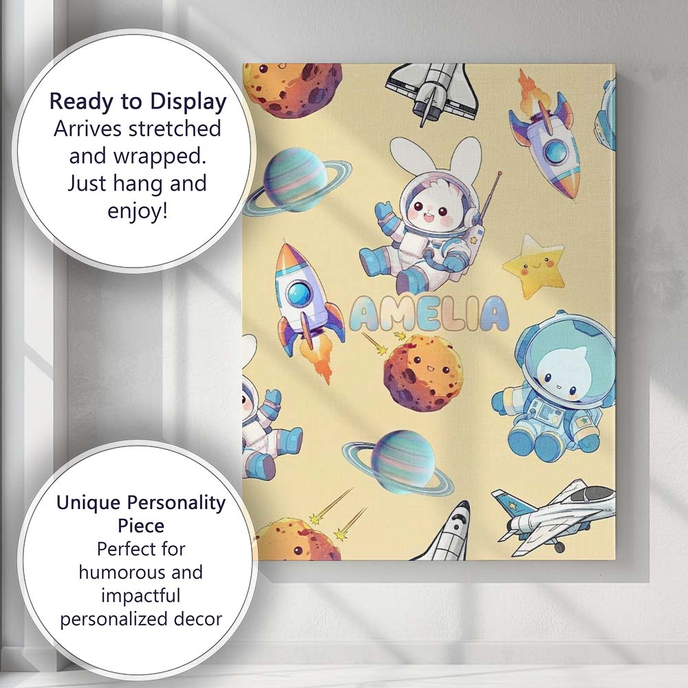 Personalised Name Space Bunny Astronaut Custom Modern Room Accent Elegant Feature Canvas Wall Art Print Decor Picture Ready to Hang