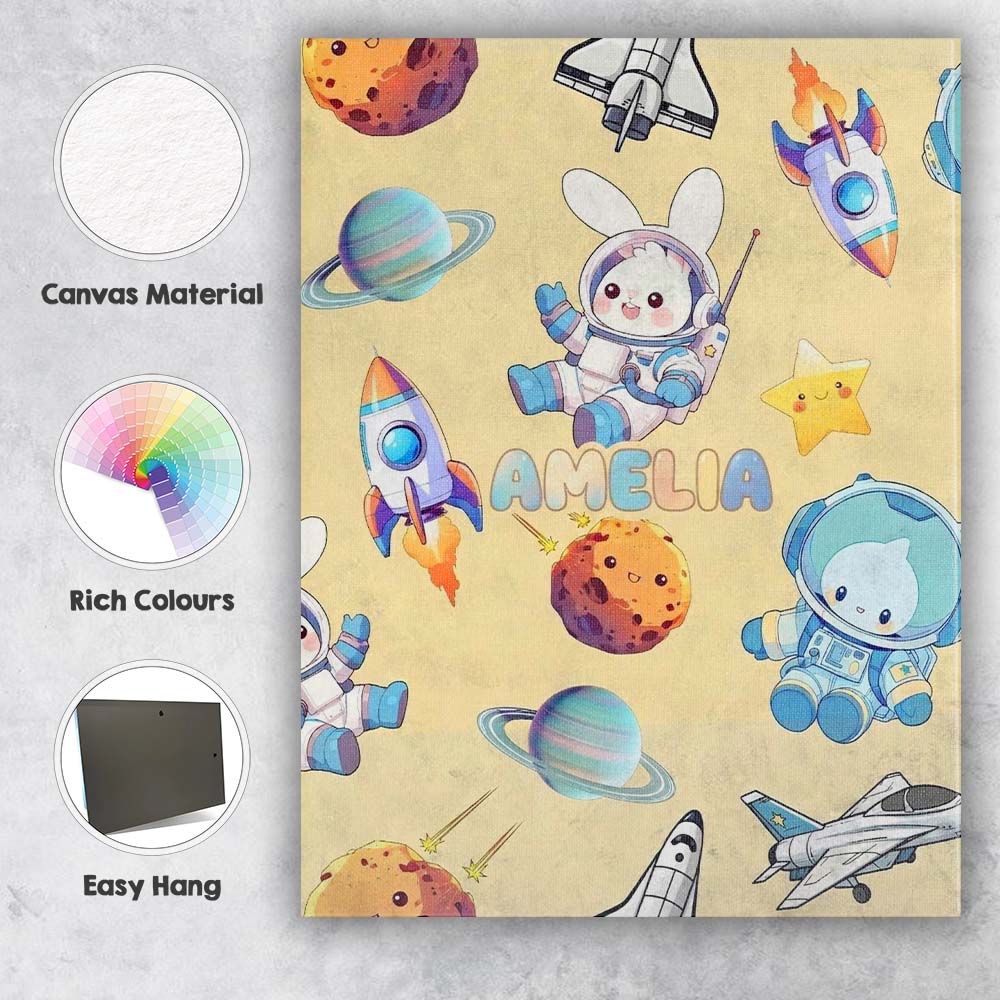 Personalised Name Space Bunny Astronaut Custom Modern Room Accent Elegant Feature Canvas Wall Art Print Decor Picture Ready to Hang