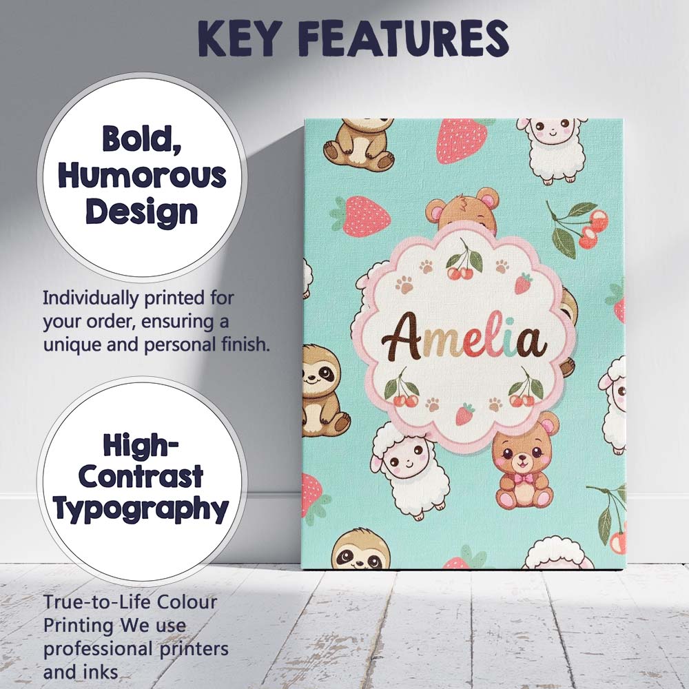 Personalised Name Cute Bear Sloth Lamb Custom Modern Room Accent Elegant Feature Canvas Wall Art Print Decor Picture Ready to Hang