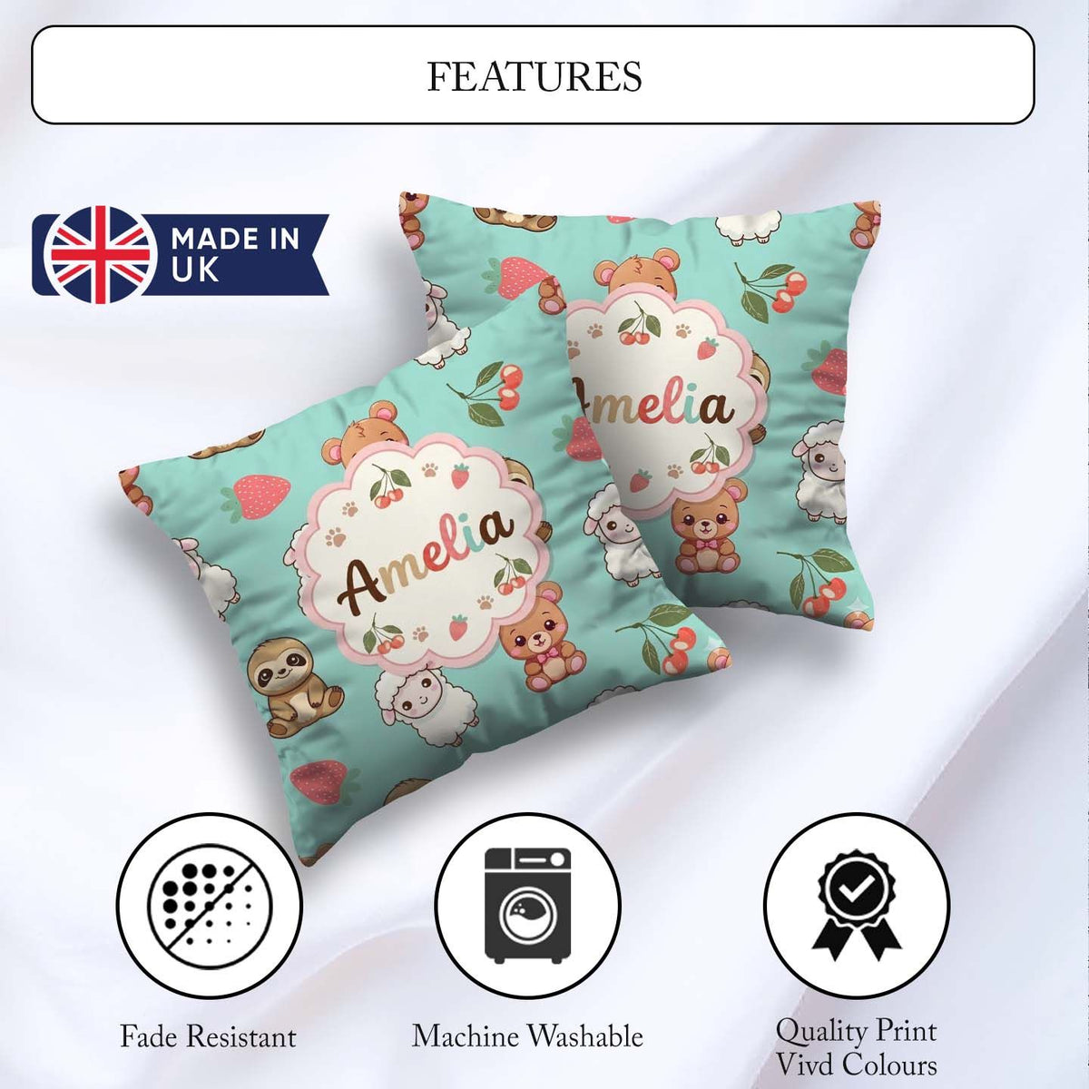 Custom Name Cute Bear Sloth Lamb Cherry Seamless Pattern on Mint Square Filled Cushion Throw Pillow Sofa Bed Home Decor Zip Washable UK Made