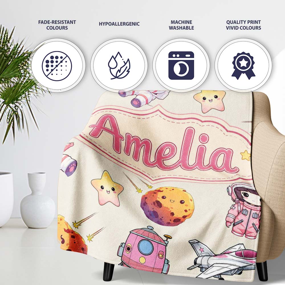 Space Cat Astronaut Girl Rockets Stars Seamless Cream Background Personalised Custom Name Super Soft Fleece Blanket Bed Sofa Throw