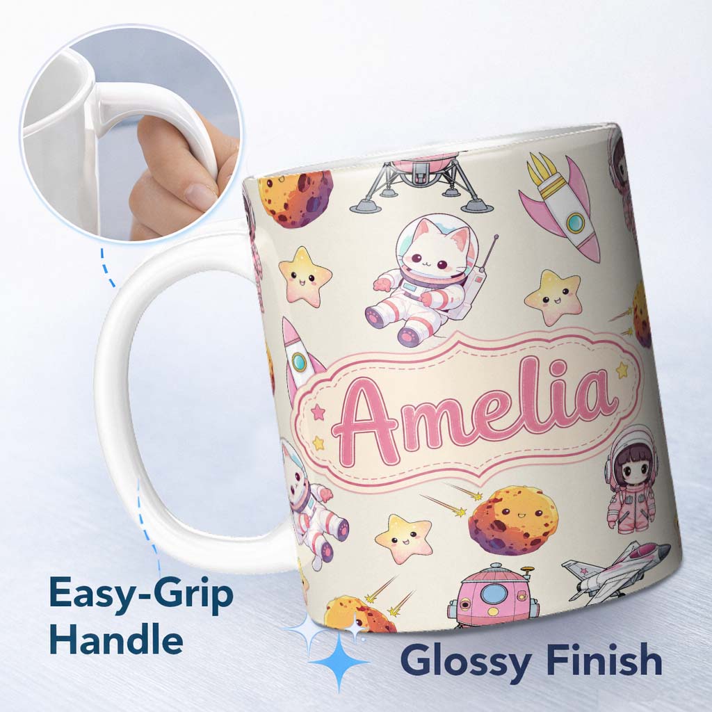 Personalized Custom Name Space Cat Astronaut Girl Rockets Stars Seamless Cream Background 11oz Ceramic Coffee Tea Mug White Large Handle