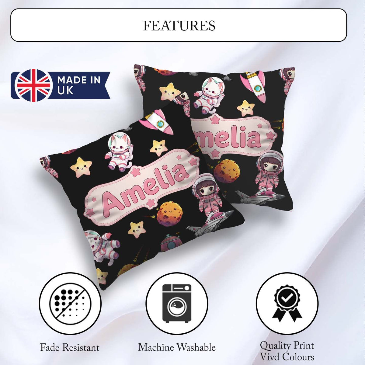 Custom Name Space Cat Astronaut Girl Rockets Seamless Background Square Filled Cushion Throw Pillow Sofa Bed Home Decor Zip Washable UK Made