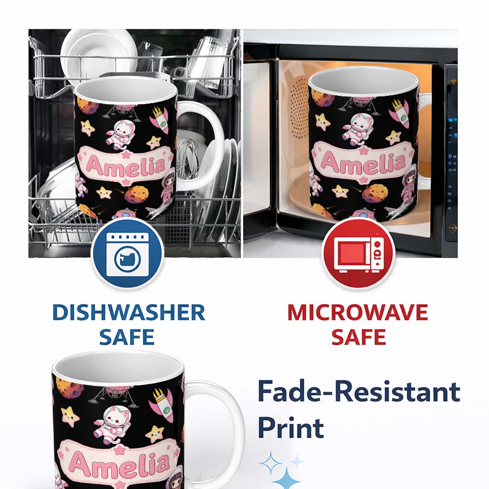 Personalized Custom Name Space Cat Astronaut Girl Rockets Stars Seamless Black Background 11oz Ceramic Coffee Tea Mug White Large Handle